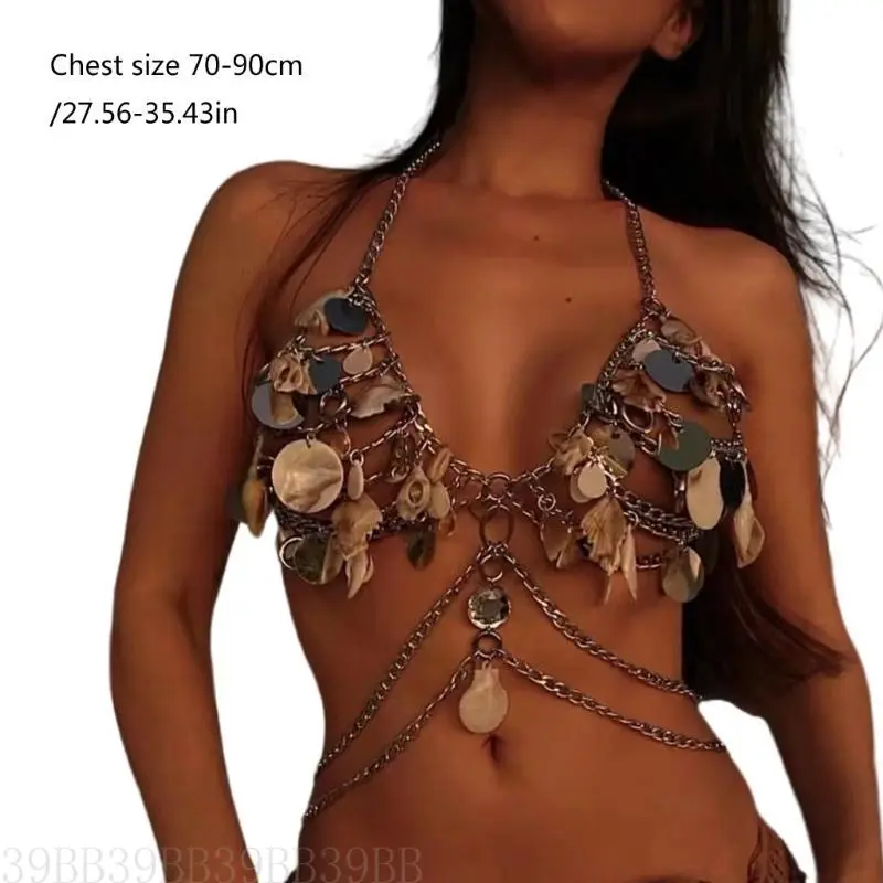 39BB Eye Catching Acrylic Sequins And Shell Body Chain Necklace Fashion Body Jewelry Bra Chest Chain For Stylish Women