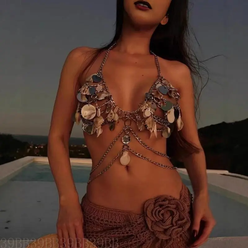39BB Eye Catching Acrylic Sequins And Shell Body Chain Necklace Fashion Body Jewelry Bra Chest Chain For Stylish Women