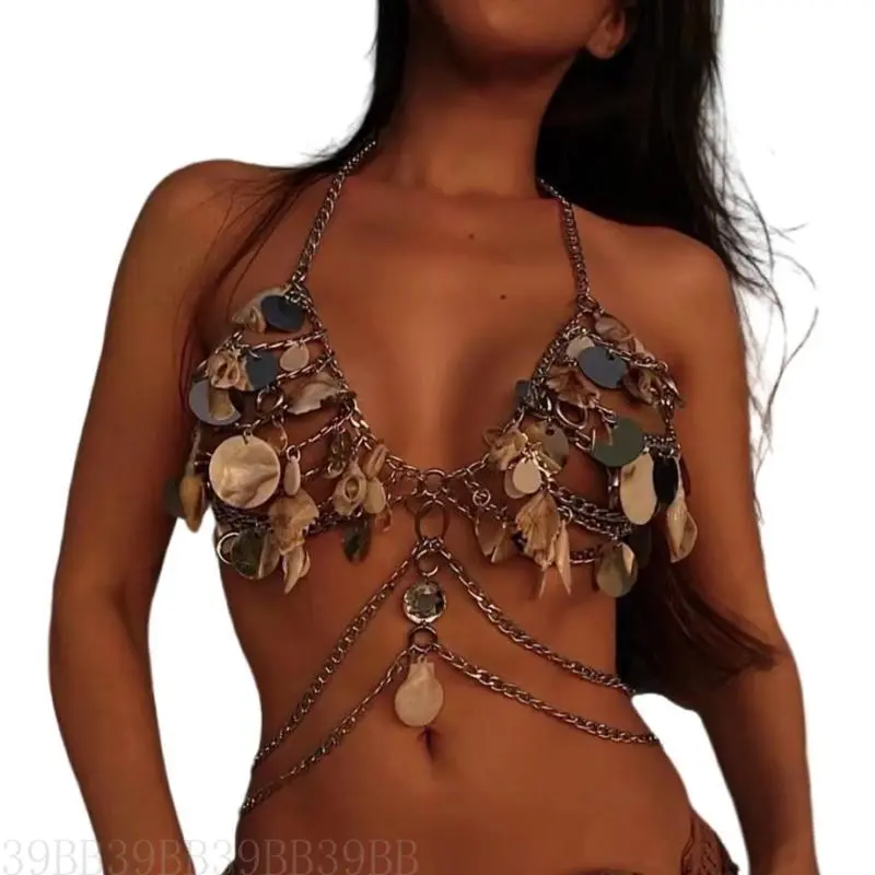 39BB Eye Catching Acrylic Sequins And Shell Body Chain Necklace Fashion Body Jewelry Bra Chest Chain For Stylish Women