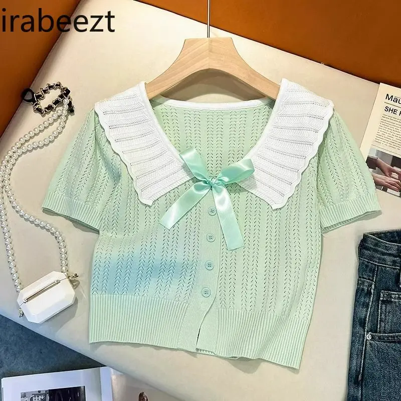 Women's Mint Green Knit Short Sleeve Top Summer Slim Fit Cropped Tee French Style Breathable Ice Silk Blouse Casual T-Shirt