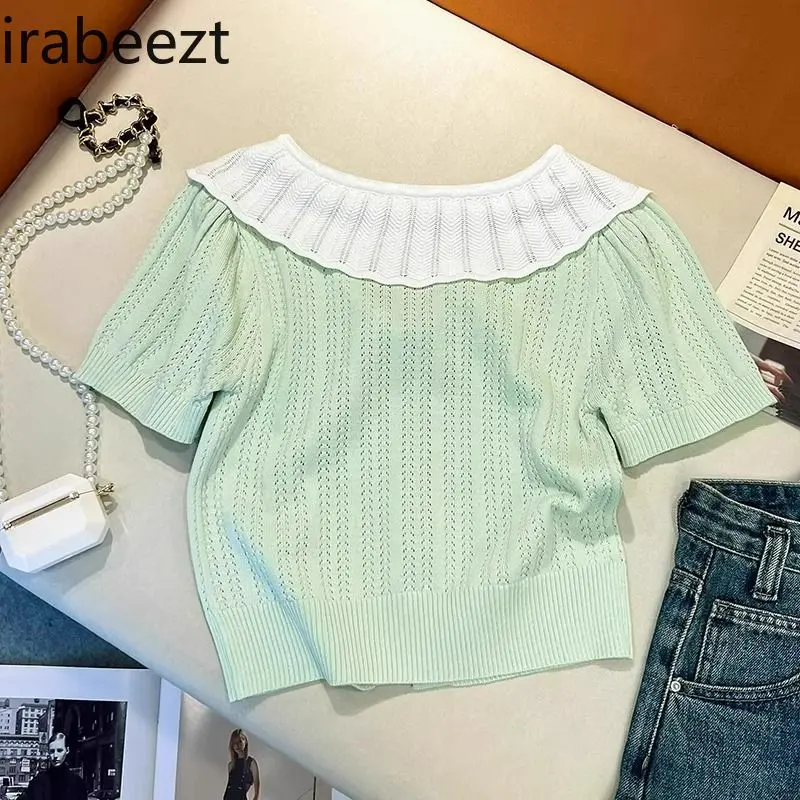 Women's Mint Green Knit Short Sleeve Top Summer Slim Fit Cropped Tee French Style Breathable Ice Silk Blouse Casual T-Shirt