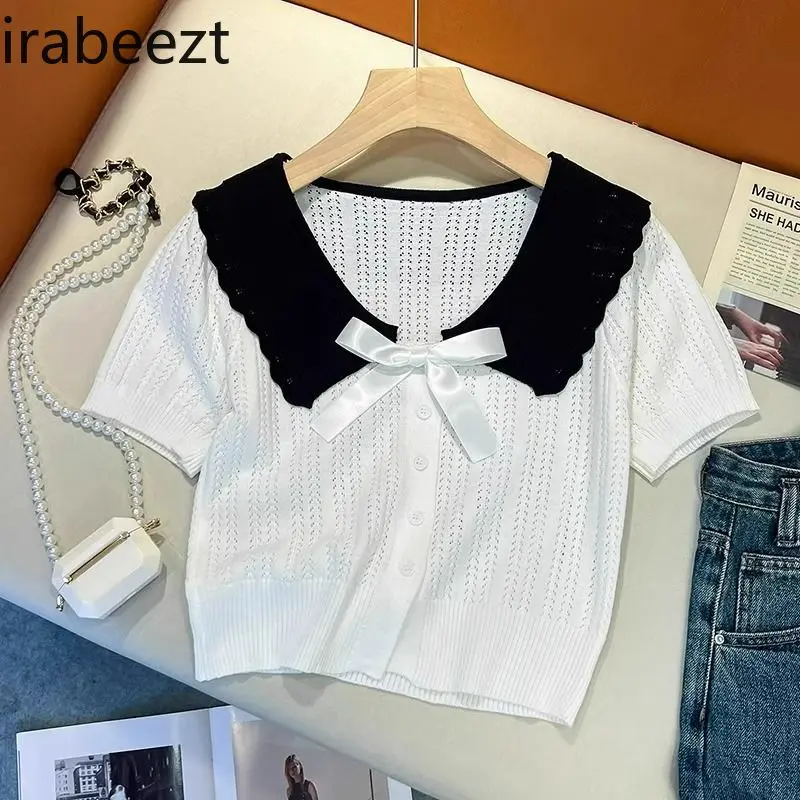 Women's Mint Green Knit Short Sleeve Top Summer Slim Fit Cropped Tee French Style Breathable Ice Silk Blouse Casual T-Shirt