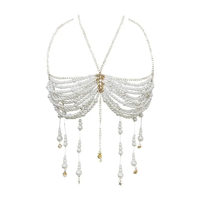 39BB Pearls Beaded Bra Chain Halter Vest with Tassels Body Jewelry for Women Clubwear