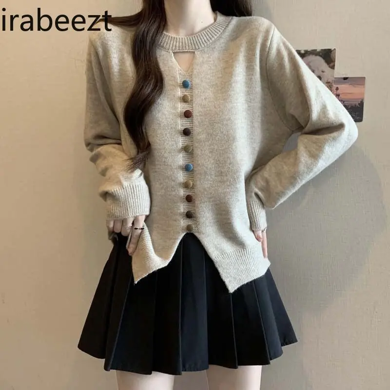 Women's Knit Sweater Loose Fit Hollow Out Colorful Buttons Long Sleeve Tops Casual Fall Winter Pullover Blouse Elegant Chic