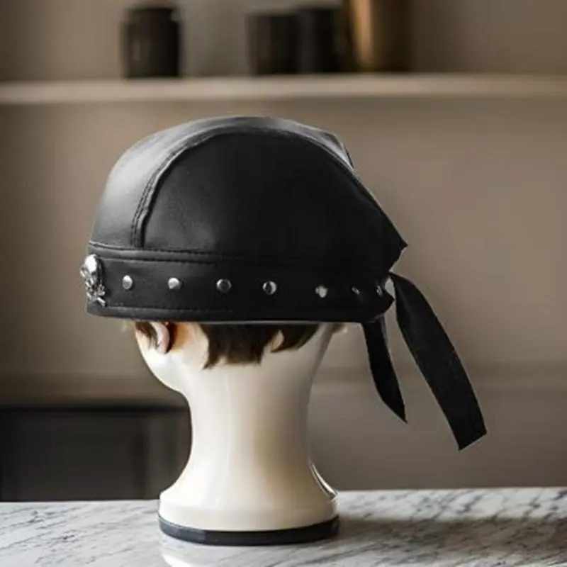 652F Hip Hop Grunge Photo Props Skull Durag for Dating Photography Cabbie Headwear Rivet Studded Hat