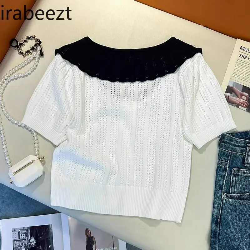 Women's Mint Green Knit Short Sleeve Top Summer Slim Fit Cropped Tee French Style Breathable Ice Silk Blouse Casual T-Shirt