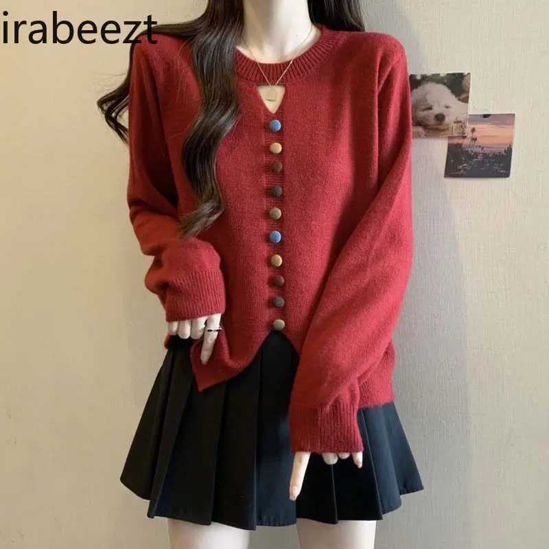 Women's Knit Sweater Loose Fit Hollow Out Colorful Buttons Long Sleeve Tops Casual Fall Winter Pullover Blouse Elegant Chic