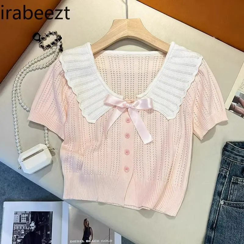 Women's Mint Green Knit Short Sleeve Top Summer Slim Fit Cropped Tee French Style Breathable Ice Silk Blouse Casual T-Shirt