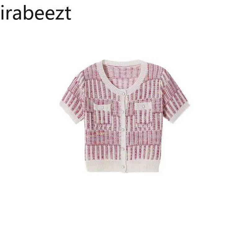 Elegant Short Sleeve Knit Cardigan Women's Summer Tops - Color Block Slim Fit Cropped Casual Chic Blouse with Unique Design