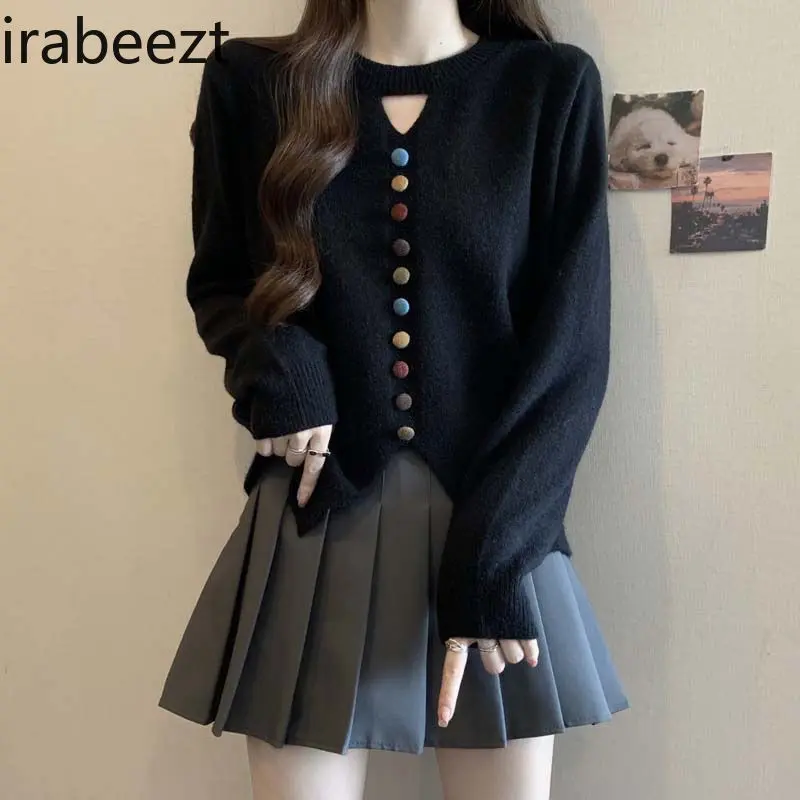 Women's Knit Sweater Loose Fit Hollow Out Colorful Buttons Long Sleeve Tops Casual Fall Winter Pullover Blouse Elegant Chic