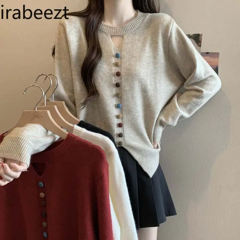 Women's Knit Sweater Loose Fit Hollow Out Colorful Buttons Long Sleeve Tops Casual Fall Winter Pullover Blouse Elegant Chic