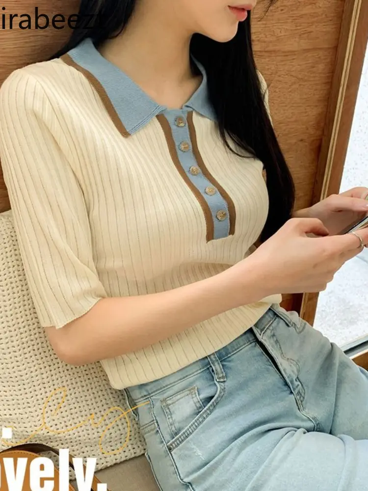 Women's Polo Neck Short Sleeve Knit Top Slim Fit Casual T-Shirt Breathable Stretchy Fashion Crewneck Blouse Ladies Spring Tee