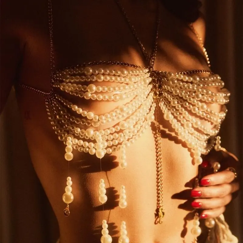 39BB Pearls Beaded Bra Chain Halter Vest with Tassels Body Jewelry for Women Clubwear