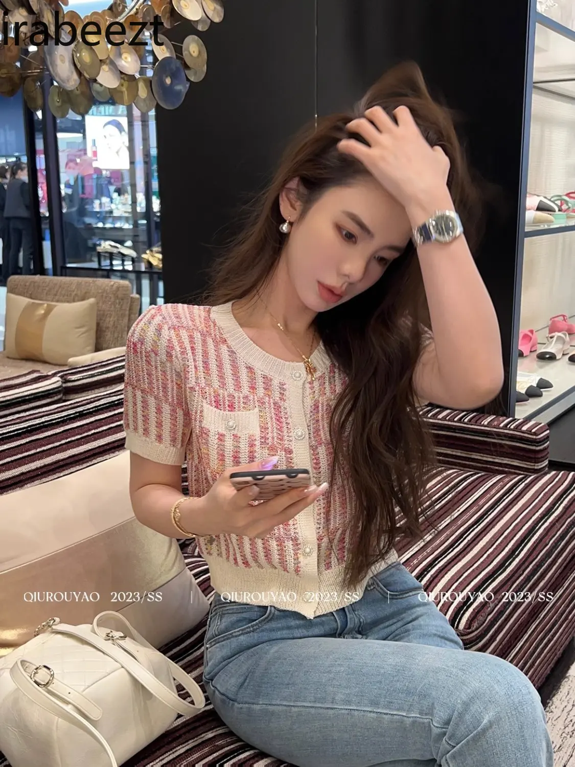 Elegant Short Sleeve Knit Cardigan Women's Summer Tops - Color Block Slim Fit Cropped Casual Chic Blouse with Unique Design