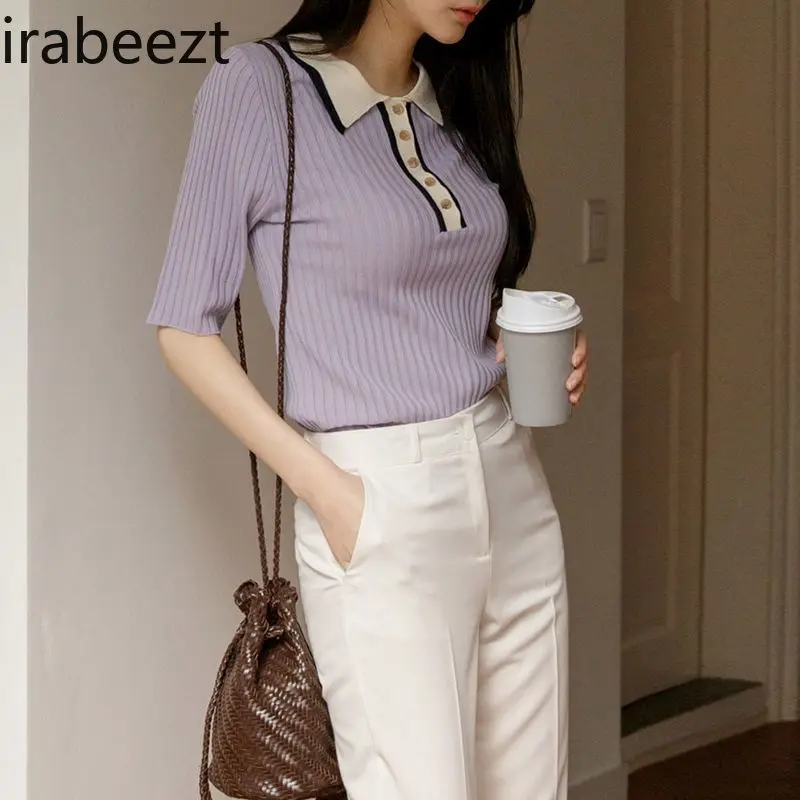 Women's Polo Neck Short Sleeve Knit Top Slim Fit Casual T-Shirt Breathable Stretchy Fashion Crewneck Blouse Ladies Spring Tee