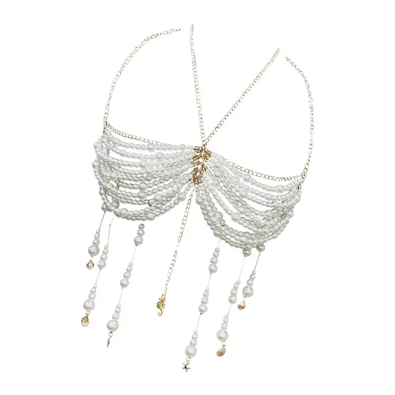 39BB Pearls Beaded Bra Chain Halter Vest with Tassels Body Jewelry for Women Clubwear