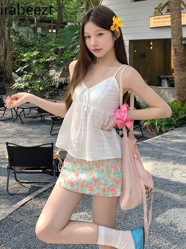 Sweet White Halter Vest 2025 Summer New Waist Collection Floral Fresh Skirt Two-piece Simple Jupe Femme Chic Et Élégant