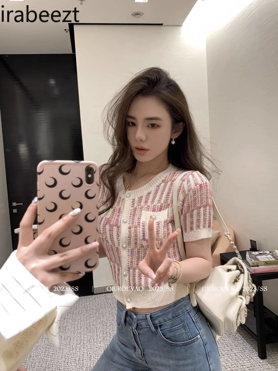 Elegant Short Sleeve Knit Cardigan Women's Summer Tops - Color Block Slim Fit Cropped Casual Chic Blouse with Unique Design