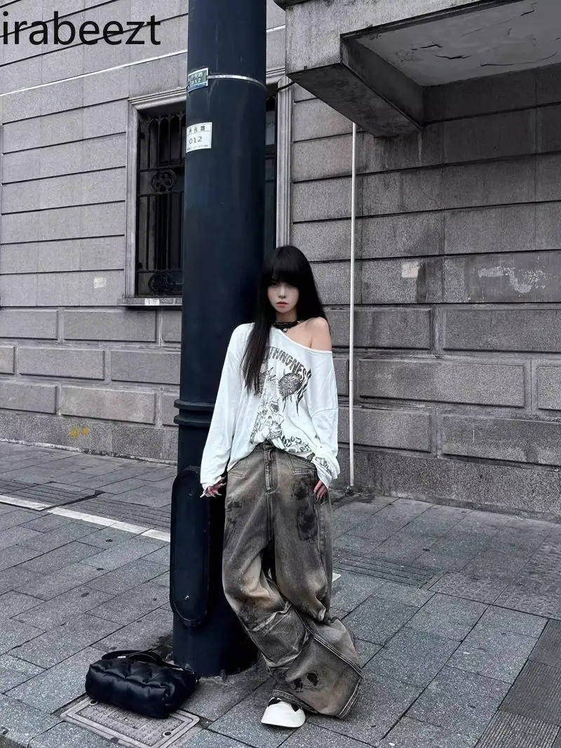 Women's Loose Long Sleeve T-Shirt Gothic Skull Print Oversized Casual Top Fall Winter Streetwear Fashion Sun Protection blouse