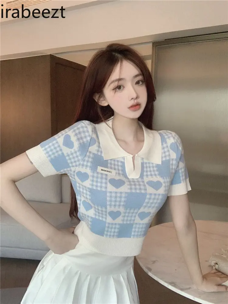New Women's Polo Neck Short Sleeve T-Shirt Cute Sweet Sexy Y2K College Style Summer Ice Silk Knitted Crop Top Casual Streetwear