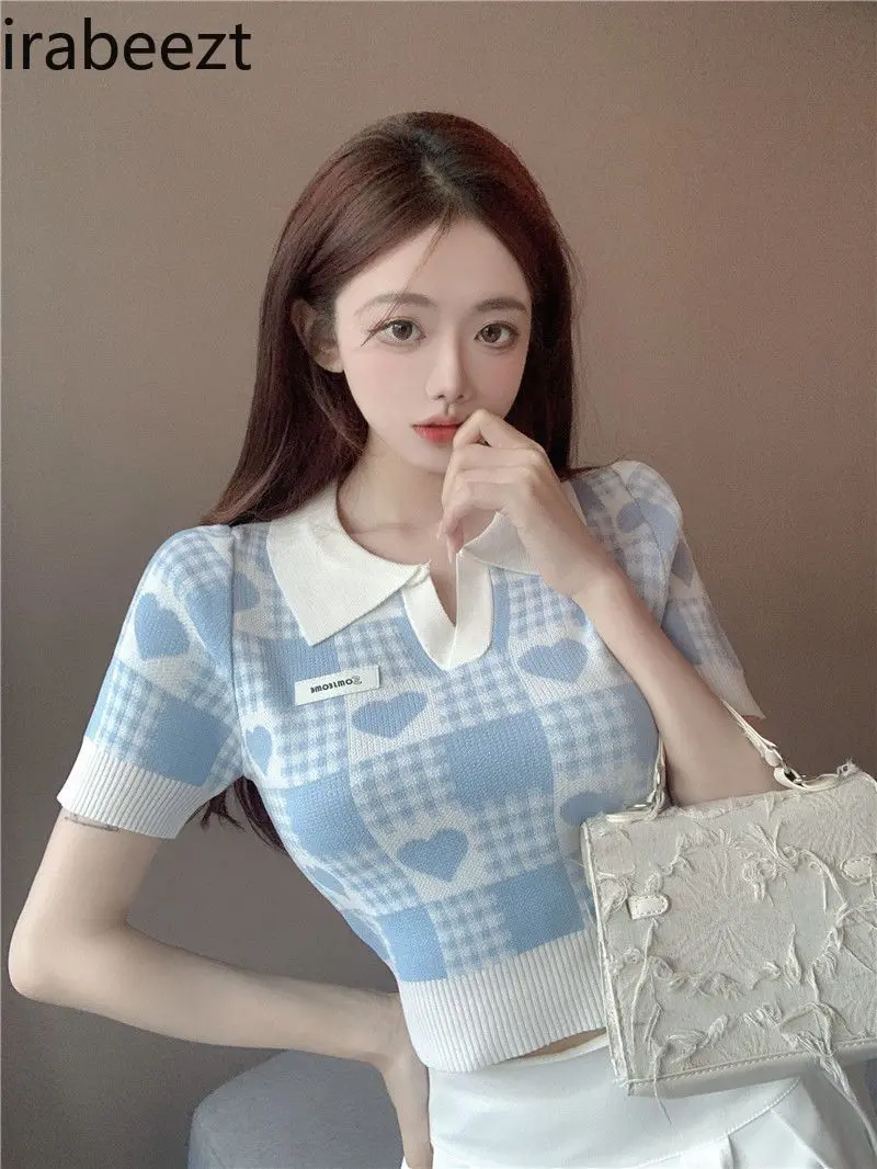 New Women's Polo Neck Short Sleeve T-Shirt Cute Sweet Sexy Y2K College Style Summer Ice Silk Knitted Crop Top Casual Streetwear