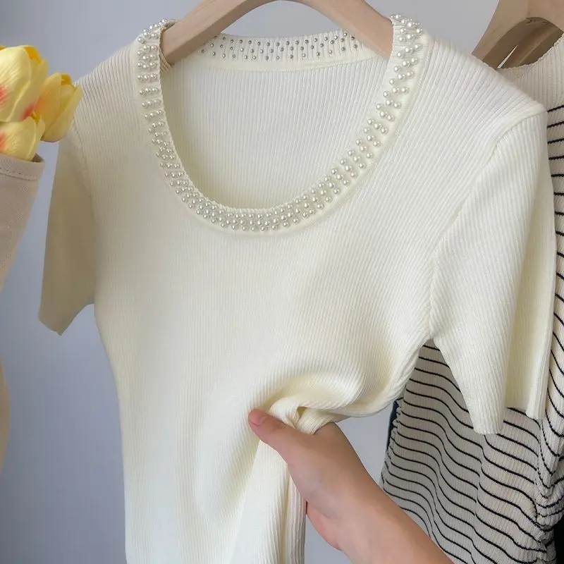 2025 Summer Women's U Neck Knit Crop Top White Beaded French Style Slim Fit Short Sleeve Blouse High Street All-match T-shirts
