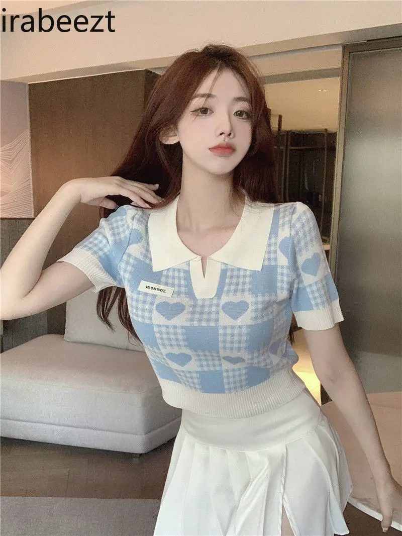 New Women's Polo Neck Short Sleeve T-Shirt Cute Sweet Sexy Y2K College Style Summer Ice Silk Knitted Crop Top Casual Streetwear