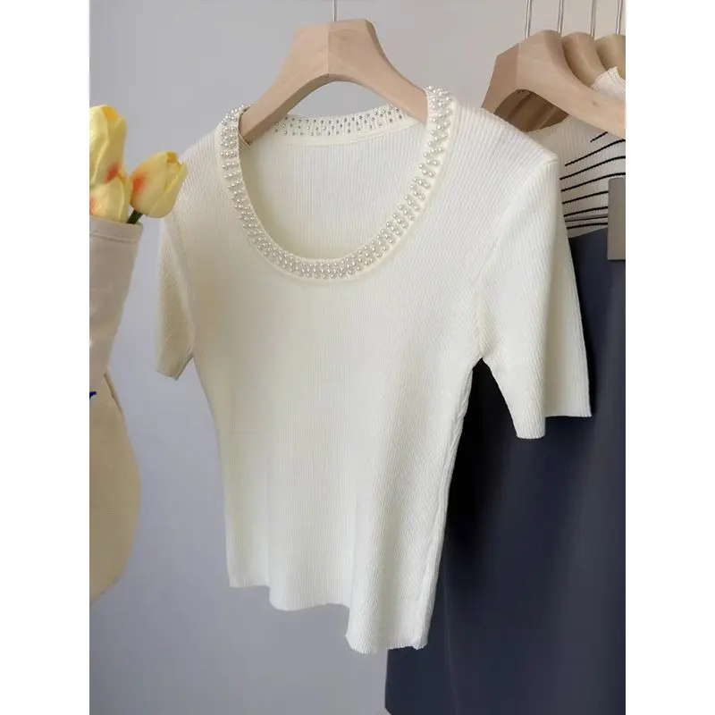 2025 Summer Women's U Neck Knit Crop Top White Beaded French Style Slim Fit Short Sleeve Blouse High Street All-match T-shirts