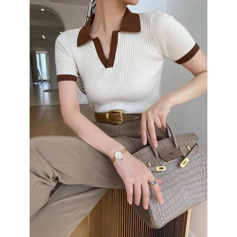 2025 French Retro Color Block Polo Collar Short Sleeve Knit Tops Women's Slim Fit Classy Casual Versatile Summer Crop T-Shirts