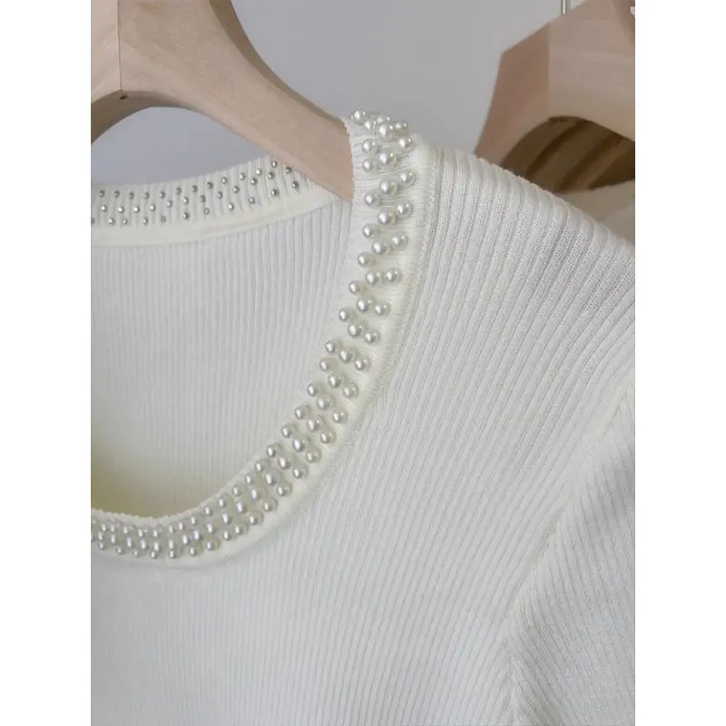 2025 Summer Women's U Neck Knit Crop Top White Beaded French Style Slim Fit Short Sleeve Blouse High Street All-match T-shirts