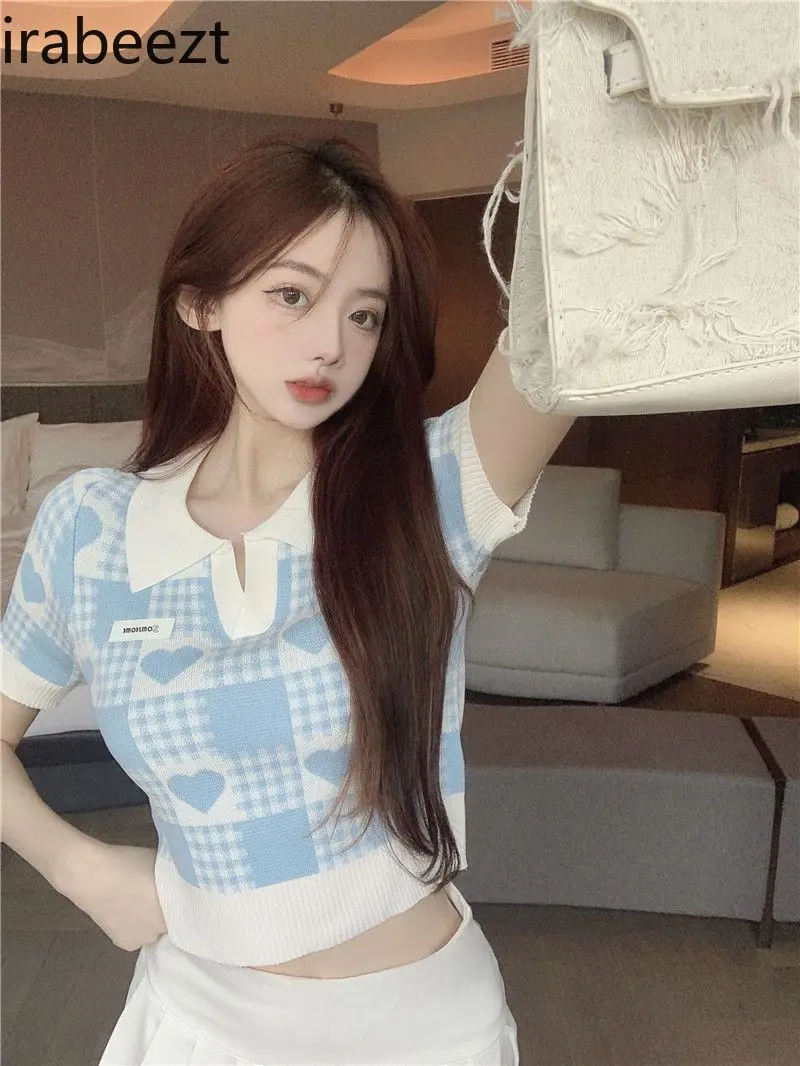 New Women's Polo Neck Short Sleeve T-Shirt Cute Sweet Sexy Y2K College Style Summer Ice Silk Knitted Crop Top Casual Streetwear