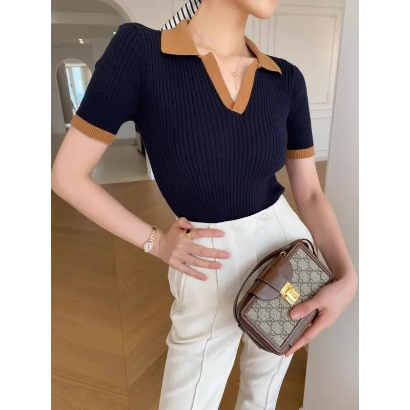 2025 French Retro Color Block Polo Collar Short Sleeve Knit Tops Women's Slim Fit Classy Casual Versatile Summer Crop T-Shirts
