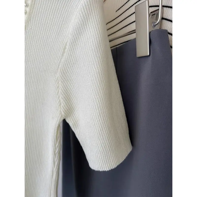 2025 Summer Women's U Neck Knit Crop Top White Beaded French Style Slim Fit Short Sleeve Blouse High Street All-match T-shirts