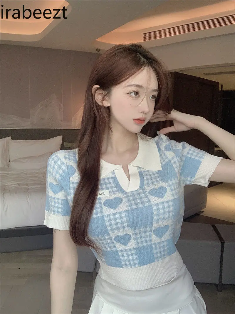 New Women's Polo Neck Short Sleeve T-Shirt Cute Sweet Sexy Y2K College Style Summer Ice Silk Knitted Crop Top Casual Streetwear