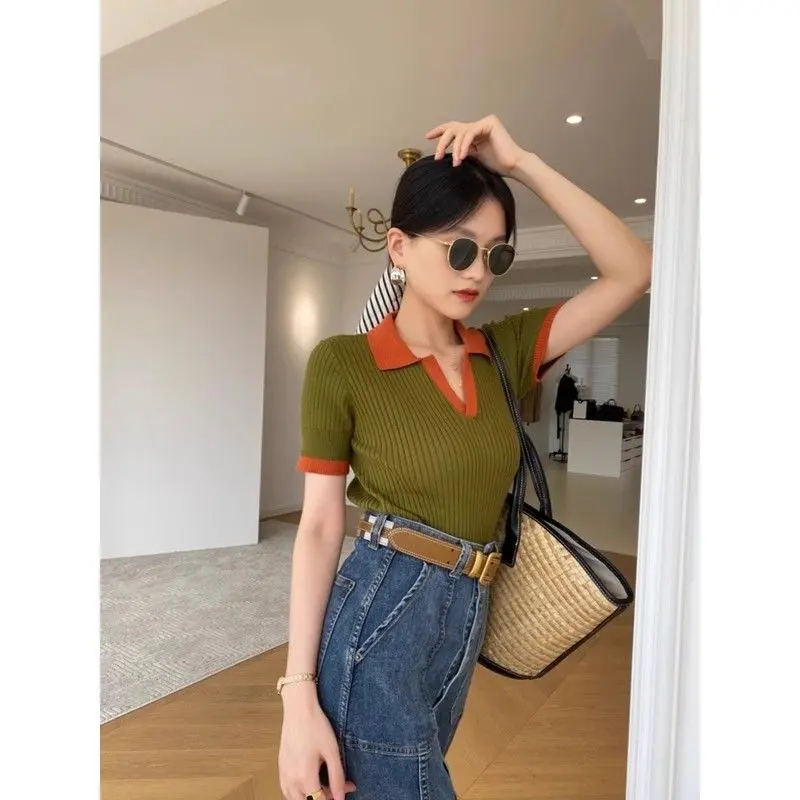 2025 French Retro Color Block Polo Collar Short Sleeve Knit Tops Women's Slim Fit Classy Casual Versatile Summer Crop T-Shirts