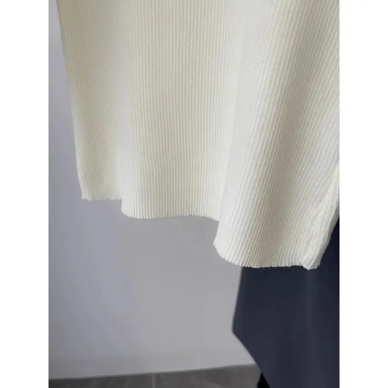 2025 Summer Women's U Neck Knit Crop Top White Beaded French Style Slim Fit Short Sleeve Blouse High Street All-match T-shirts