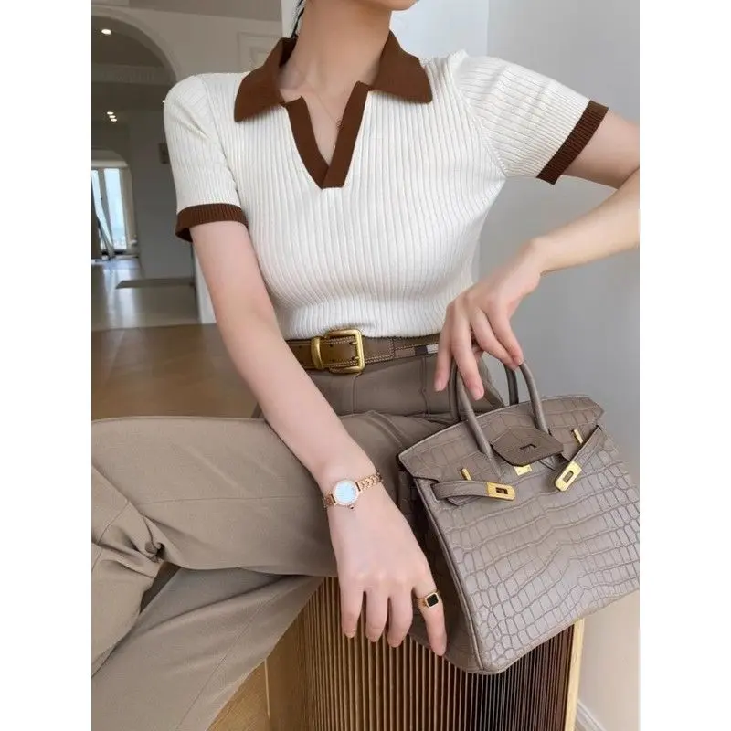 2025 French Retro Color Block Polo Collar Short Sleeve Knit Tops Women's Slim Fit Classy Casual Versatile Summer Crop T-Shirts