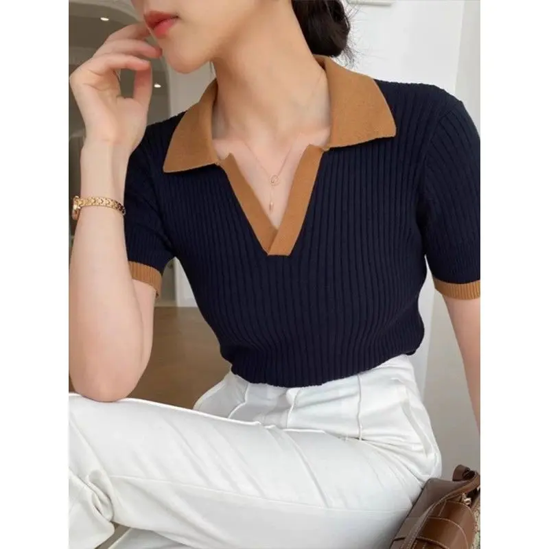 2025 French Retro Color Block Polo Collar Short Sleeve Knit Tops Women's Slim Fit Classy Casual Versatile Summer Crop T-Shirts