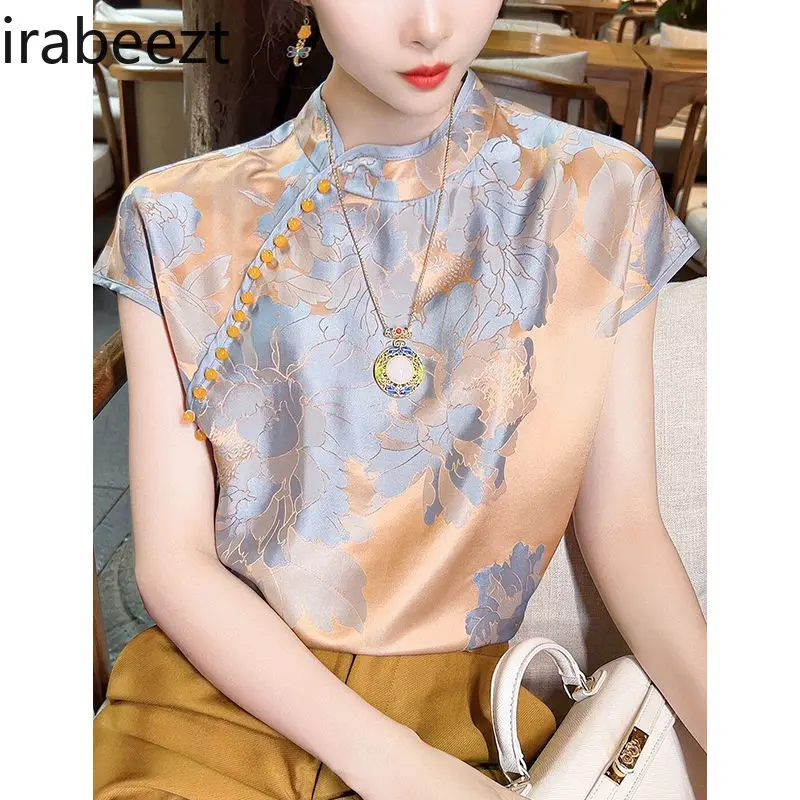 Chinese Inspired Floral Jacquard Top Women's Short Sleeve Summer Blouse Satin Shirt Vintage Embroidery Loose Fit Casual