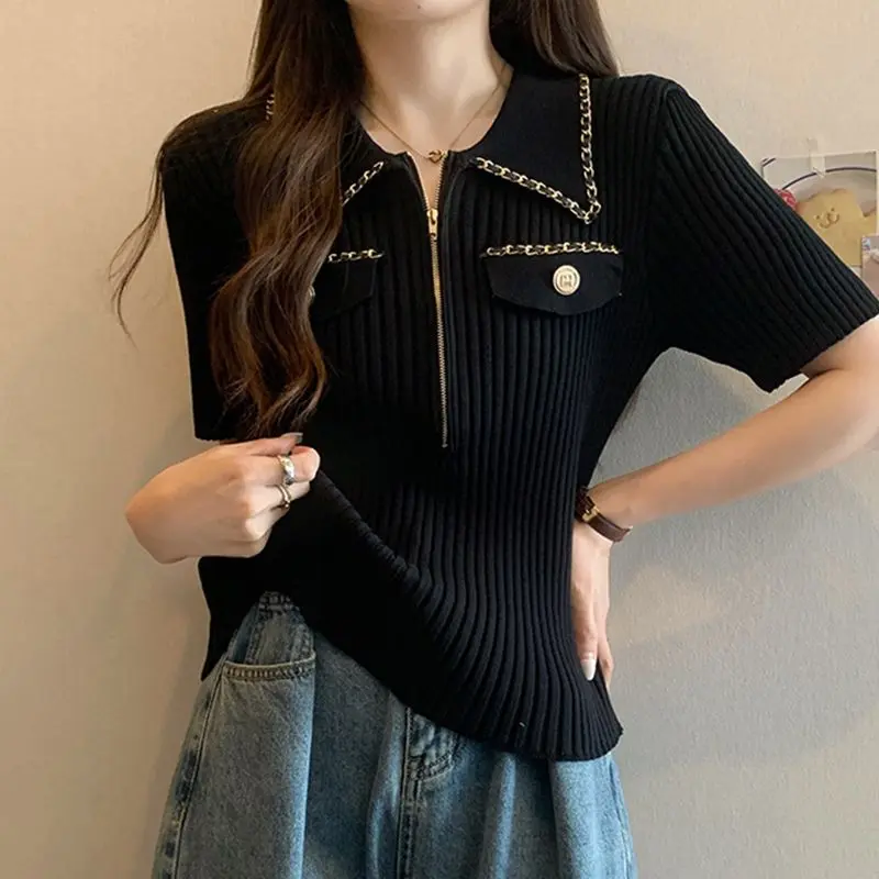 2025 Women's Cool Knit Polo Shirt Summer Slim French Chic T-Shirt with Zip Collar Casual Short Sleeve Blouse European Design