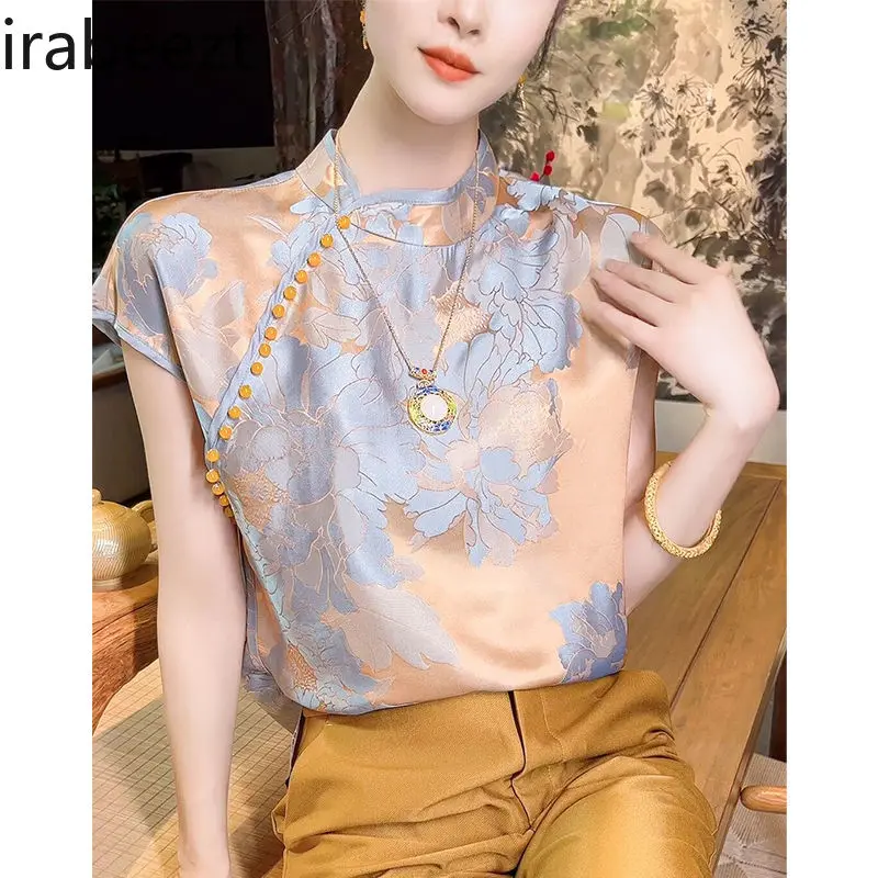 Chinese Inspired Floral Jacquard Top Women's Short Sleeve Summer Blouse Satin Shirt Vintage Embroidery Loose Fit Casual