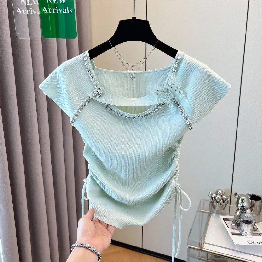 2025 Summer Women's Beaded Knit T-shirt Short Sleeve Drawstring Slim Fit Sweet Pure Sexy Blouse Casual Chic Top Female Clothing