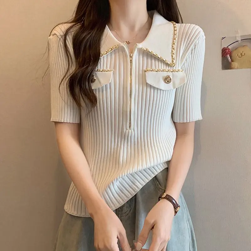 2025 Women's Cool Knit Polo Shirt Summer Slim French Chic T-Shirt with Zip Collar Casual Short Sleeve Blouse European Design