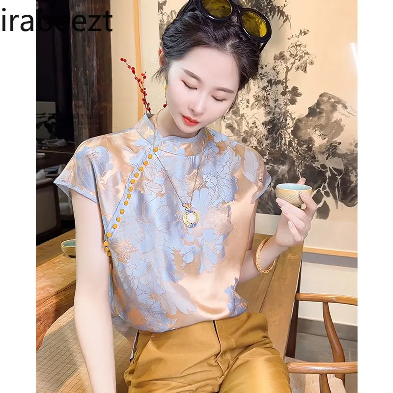 Chinese Inspired Floral Jacquard Top Women's Short Sleeve Summer Blouse Satin Shirt Vintage Embroidery Loose Fit Casual