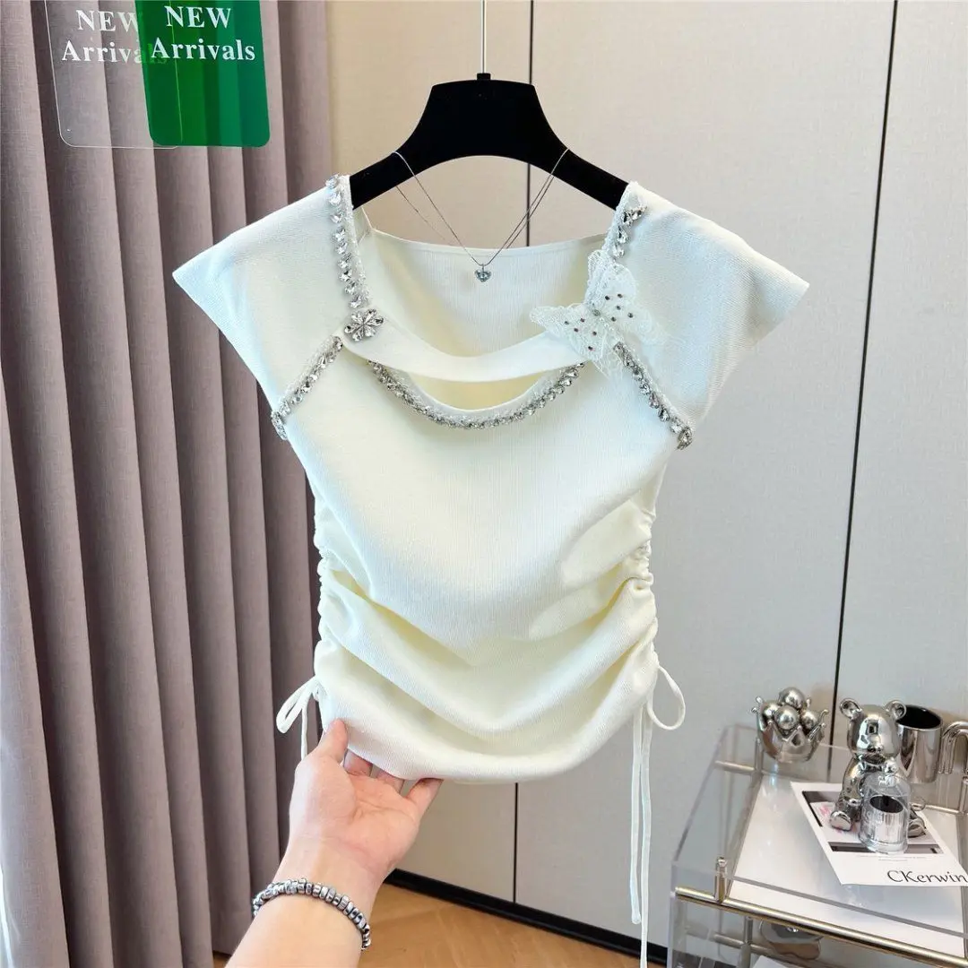2025 Summer Women's Beaded Knit T-shirt Short Sleeve Drawstring Slim Fit Sweet Pure Sexy Blouse Casual Chic Top Female Clothing