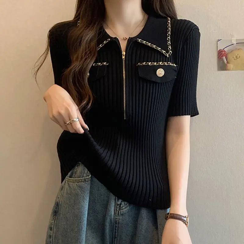 2025 Women's Cool Knit Polo Shirt Summer Slim French Chic T-Shirt with Zip Collar Casual Short Sleeve Blouse European Design