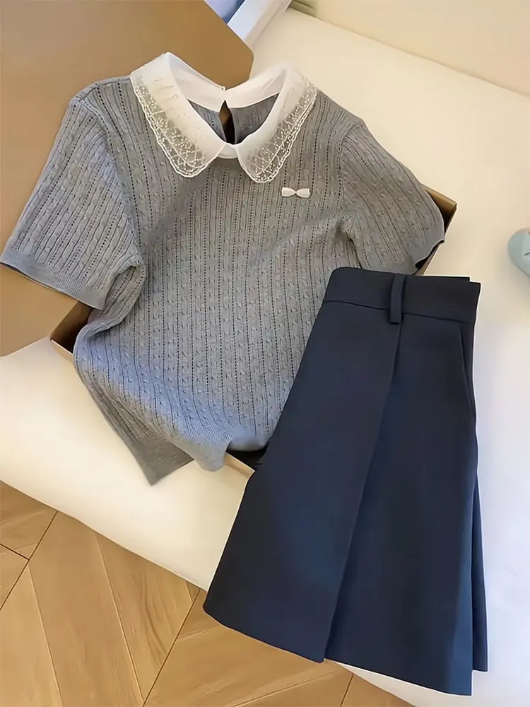 Plus Size Gray Lace Doll Collar Knit Top Women's Regular Shoulder Short Sleeve Summer Blouse Slim Fit Casual Ice Silk T-shirts