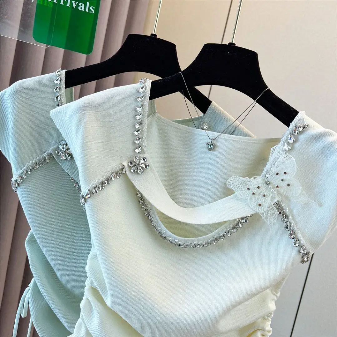 2025 Summer Women's Beaded Knit T-shirt Short Sleeve Drawstring Slim Fit Sweet Pure Sexy Blouse Casual Chic Top Female Clothing