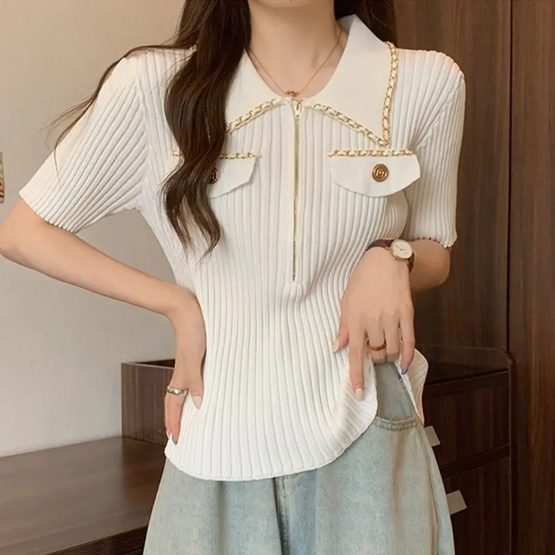 2025 Women's Cool Knit Polo Shirt Summer Slim French Chic T-Shirt with Zip Collar Casual Short Sleeve Blouse European Design