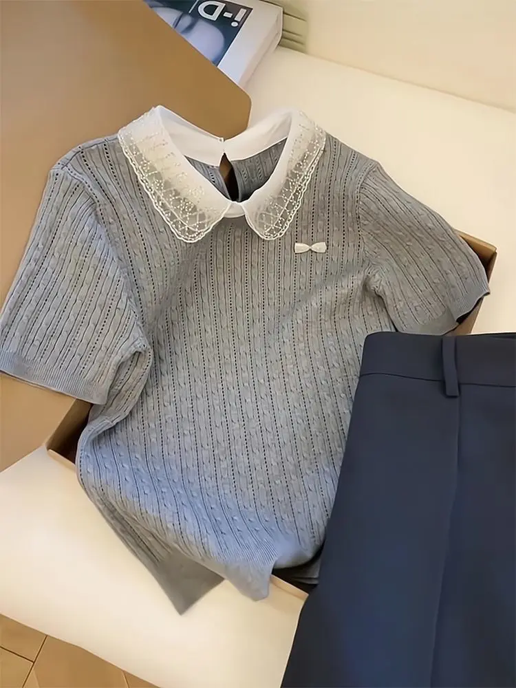 Plus Size Gray Lace Doll Collar Knit Top Women's Regular Shoulder Short Sleeve Summer Blouse Slim Fit Casual Ice Silk T-shirts